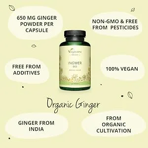 Organic Ginger Capsules Vegavero | 650mg Root Powder | NO Additives | Lab-Tested | 120 Capsules | Vegan - organic ginger