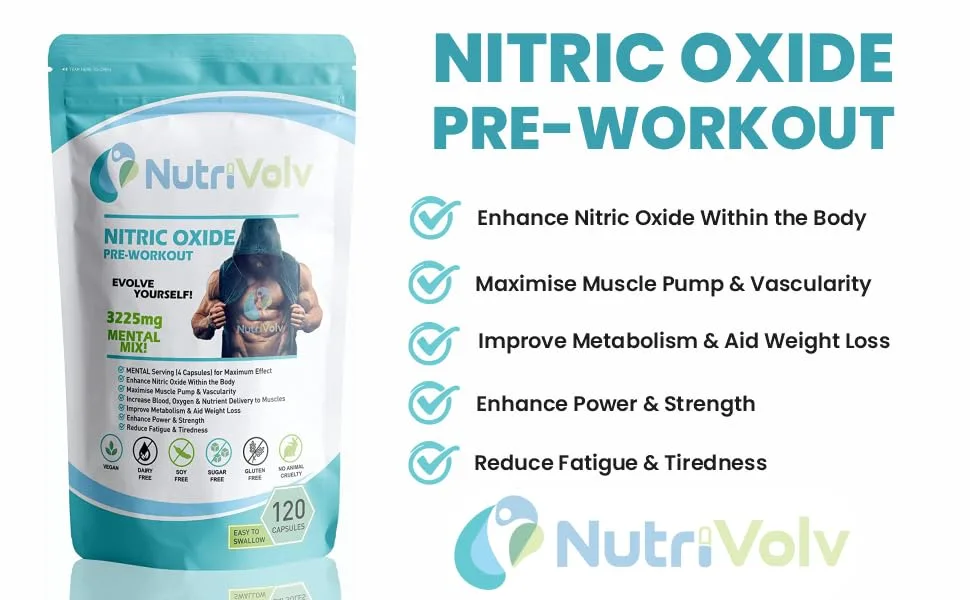 Nitric Oxide L-Arginine 100% Pre Workout Supports Athletic Performance and Muscle Building | 120 Capsules - Nitric Oxide