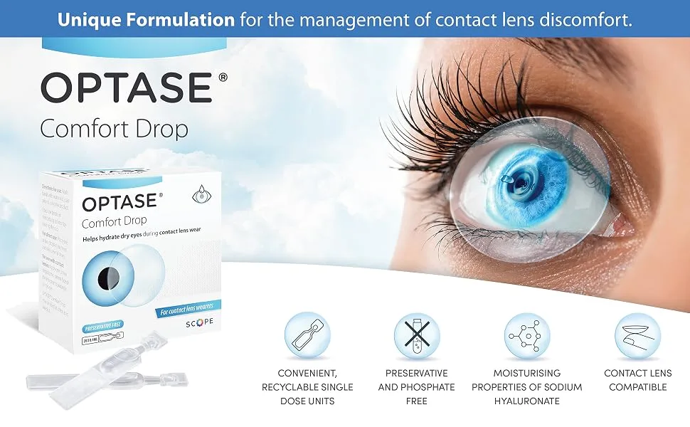 Optase Comfort Drop - Preservative Free Eye Drops to Help Hydrate Dry Eyes for Contact Lens Wearers - 20 x Single Doses - optase, confort, eye, drop, lenses, contact, contacts, drops