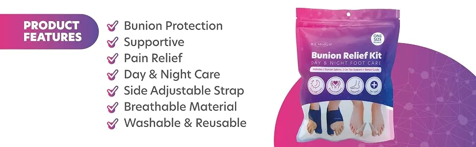 JFA Medical Bunion Corrector Bunion Splint Toe Separators Pain Relief & Protection Adjustable Size Day Night Support - Bunion Relief Kit