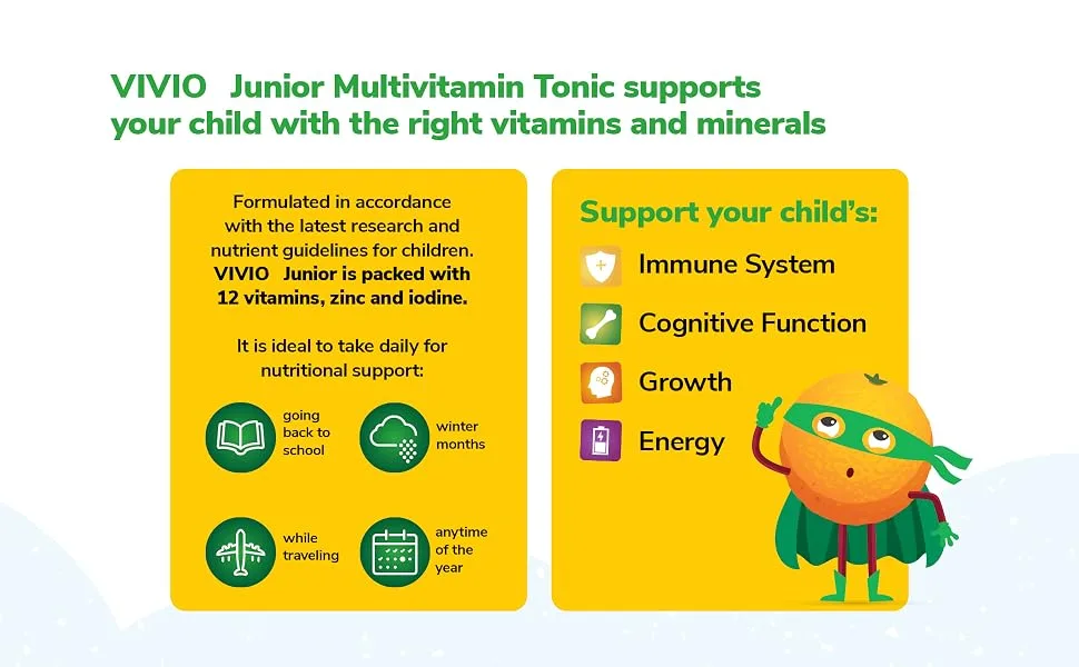 VIVIO Junior Multivitamin Tonic for Kids 12 Added Vitamins Plus Zinc & Iodine to Support Your Child s Immunity & Cognitive Function - Orange - 250ml - multivitamin tonic support for children