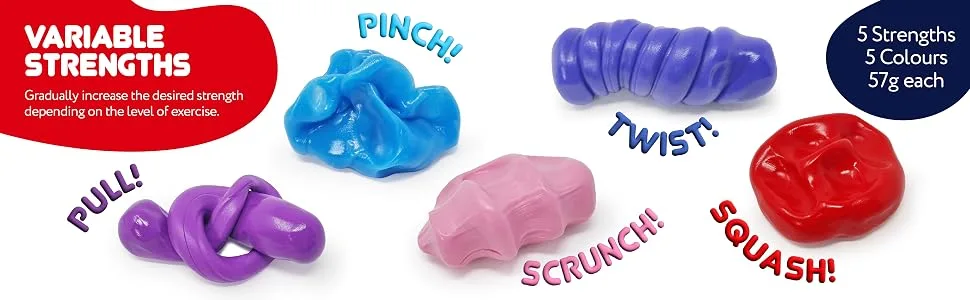 JFA Medical Therapy Exercise Putty 5 Strengths Alternative Colours - Extra Soft Soft Medium Firm Extra Firm 57g Tubs - Variable Strengths