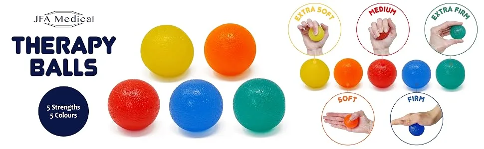 JFA Medical Hand Therapy Exercise Balls 5 Strengths - Extra Soft Soft Medium Firm Extra Firm - Therapy Balls
