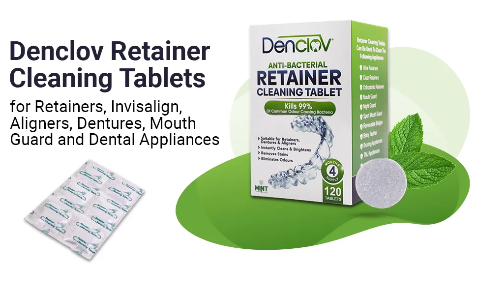 Retainer Cleaning Tablets Fresh Brite & Stain-Free for Invisalign Aligners Dentures Mouth Guard Denture Cleaner - 120 Tablets 4 Month Supply - Denclov Retainer Cleaning Tablets, Fresh Brite & Stain-Free, for Invisalign, Aligners, Dentures