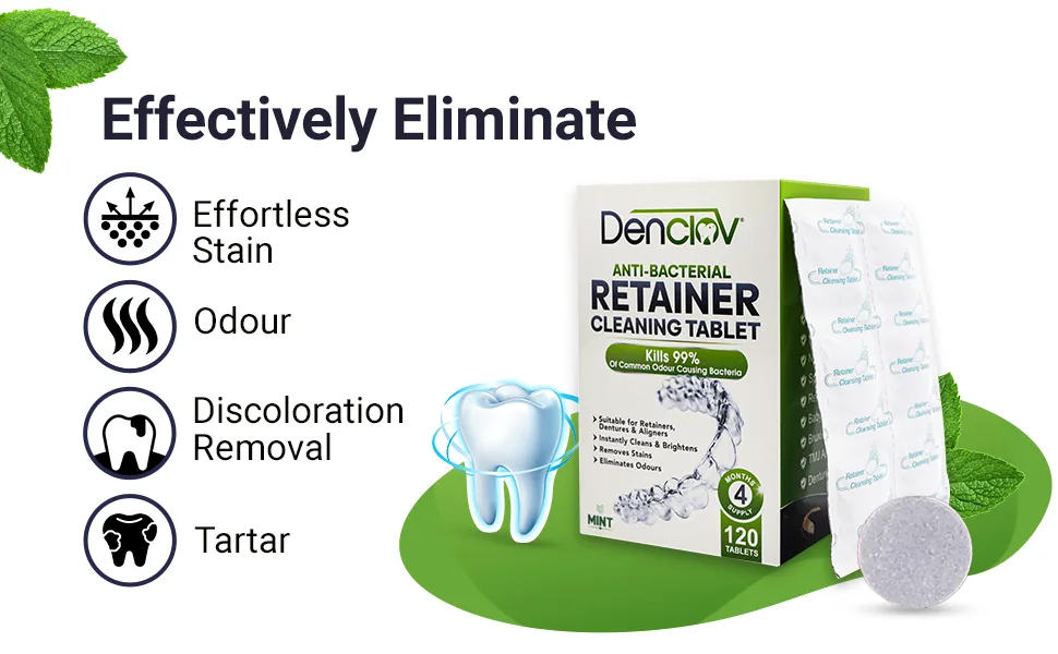 Retainer Cleaning Tablets Fresh Brite & Stain-Free for Invisalign Aligners Dentures Mouth Guard Denture Cleaner - 120 Tablets 4 Month Supply - Denclov Retainer Cleaning Tablets, Fresh Brite & Stain-Free, for Invisalign, Aligners, Dentures