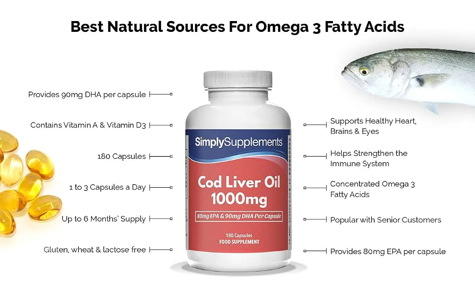 Cod Liver Oil 1000mg | Rich in Omega 3 Fatty Acids | 180 Capsules - E1432