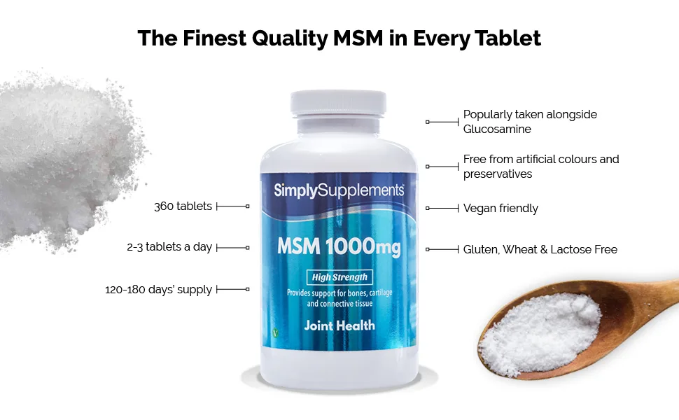 MSM Tablets 1000mg | Super High Strength Formula | 360 Tablets 6 Month Supply | Wheat-Free Fish-Free | Suitable for Vegetarians - S6262