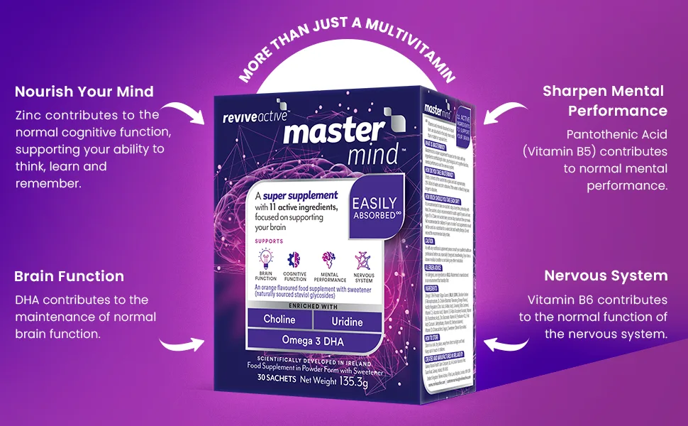 Mastermind Memory & Focus Super Supplement by Revive Active - Supports Brain & Cognitive Function in 1 Daily Sachet - Mental Performance with Omega 3 DHA Vitamin B5 Uridine & Choline - 30 Day Supply - nourish your mind