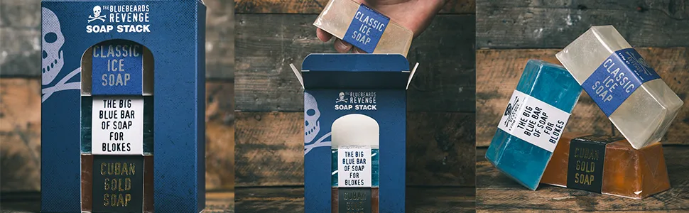 The Bluebeards Revenge Soap Stack Gift Set For Men For Hands and Body Includes Big Blue Cuban Gold And Classic Ice Soap Single - BBR Soap Stack Banner