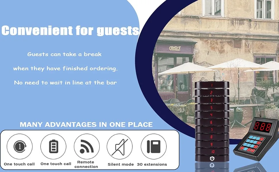 ASHATA Restaurant Paging System Wireless Calling System/Restaurant Call Coaster Pagers/Guest Waiting Pager/Wireless Paging System with 10 Coaster Pager Call Button Keypad Built-in Antenna(Black) - product information 4