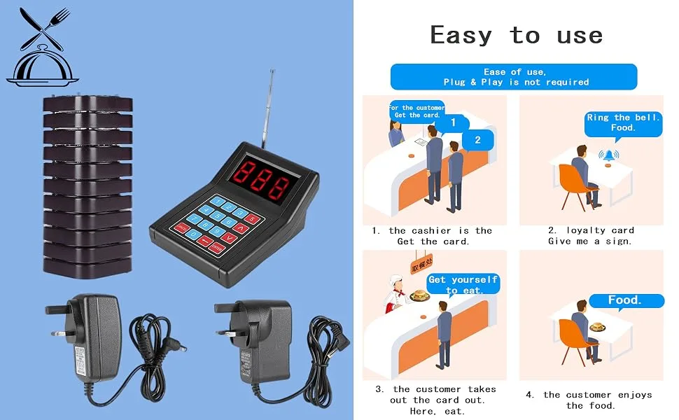 ASHATA Restaurant Paging System Wireless Calling System/Restaurant Call Coaster Pagers/Guest Waiting Pager/Wireless Paging System with 10 Coaster Pager Call Button Keypad Built-in Antenna(Black) - product information 5
