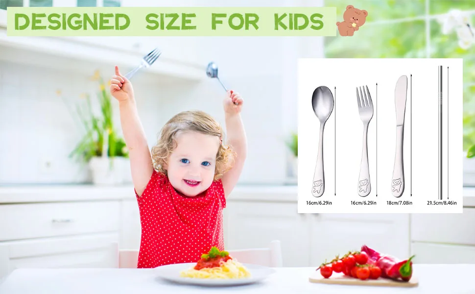 Childrens Cutlery Set Kids Tableware Set Adorable Portable Toddler Dinnerware Set-Knife Fork Spoon Straw with Cutlery Bag 5pcs - children