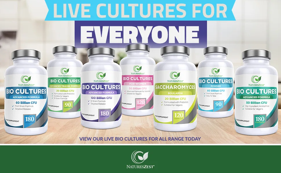 60 Billion CFU Bio Cultures Probiotics with Prebiotics 30 Capsules Multi Strain Advanced Formula for Men and Women by Natures Zest - 60B 30 Caps
