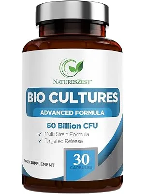 60 Billion CFU Bio Cultures Probiotics with Prebiotics 30 Capsules Multi Strain Advanced Formula for Men and Women by Natures Zest - single 60b_30samber bottle