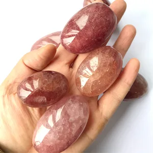 Orientrea Red Strawberry Quartz Palm Stone-2 Pcs Red Strawberry Quartz Pocket Energy Stone Smooth Healing Crystal Worry Stone - Red Strawberry Quartz Palm Stone