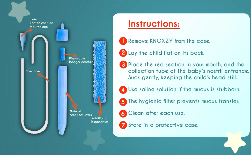Knoxzy Baby Nasal Aspirator with 9 Extra Hygiene Filters - INstructions