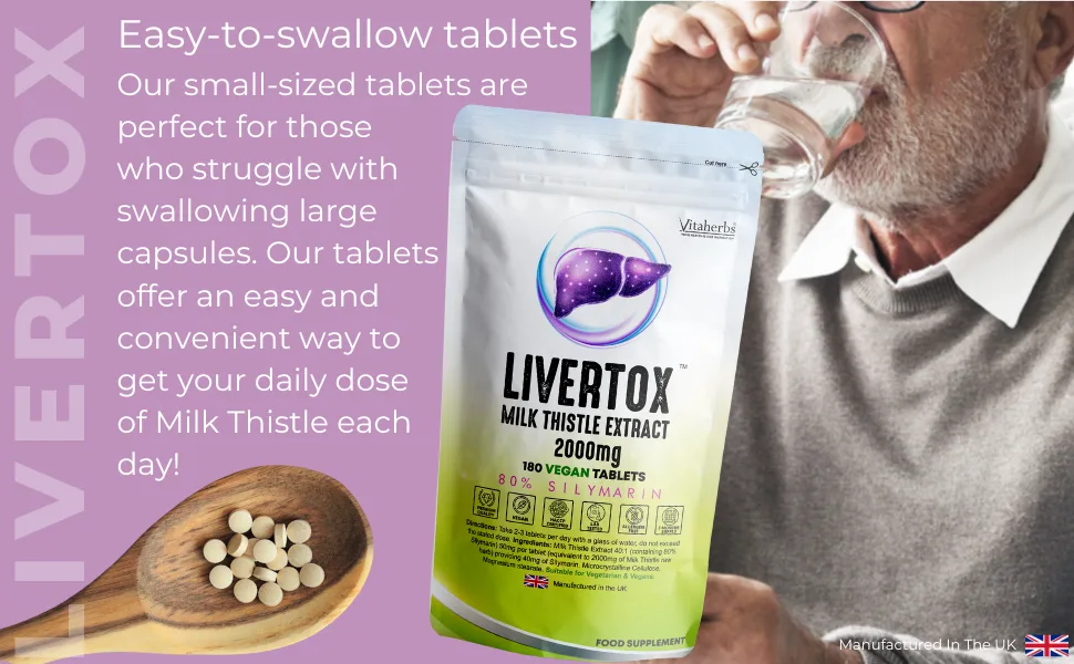 Livertox Milk Thistle Tablets | 80% Silymarin Milk Thistle 2000mg - 180 Tablets | High Strength Milk Thistle Extract 40:1 | Vitaherbs - livertox-milk-thistle-extract-easy-to-swallow-tablets-vitaherbs