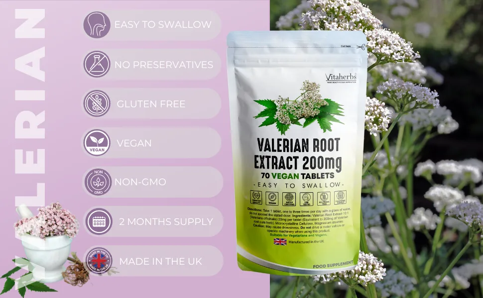 Vitaherbs Valerian Root 200mg - 70 Tablets | Valerian Root Tablets | Valeriana Officinalis Extract | Vegan Tablets | Premium Quality | Made in The UK - gluten-free-valerian-extract-tablets-vitaherbs