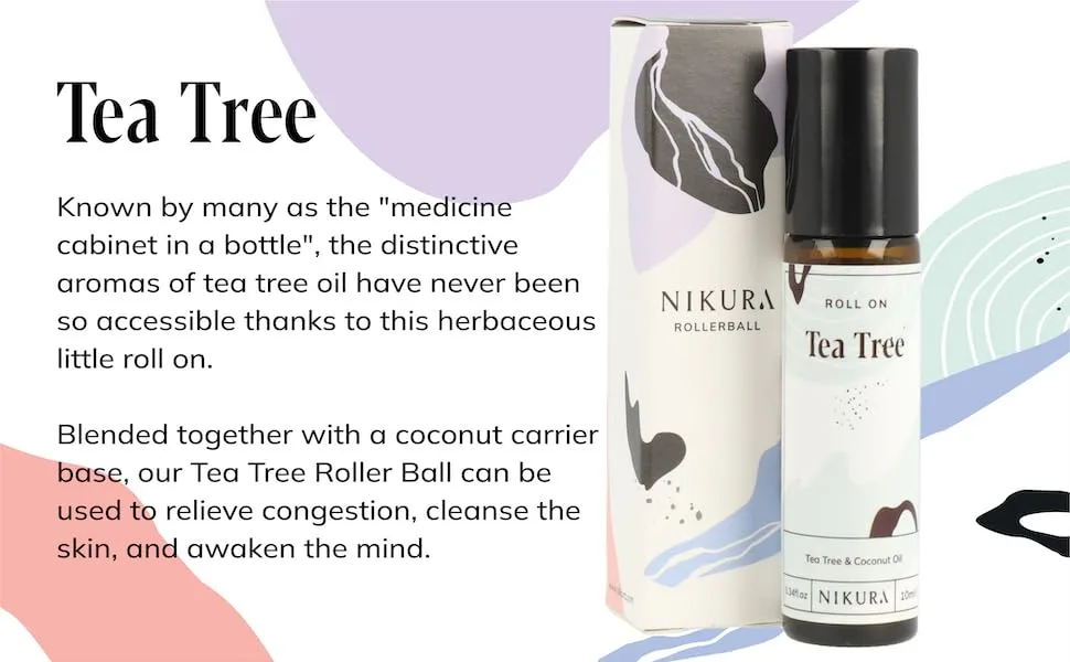 Nikura Tea Tree (Australian) Roll On Essential Oil Blend - 10ml | for Skin Decongesting Aromatherapy | Use on Skin Temples Pulse Points Wrists Neck - rollon relaxing gifts stress relief therapy roller ball rollerball sleep aid pillow calm breathe