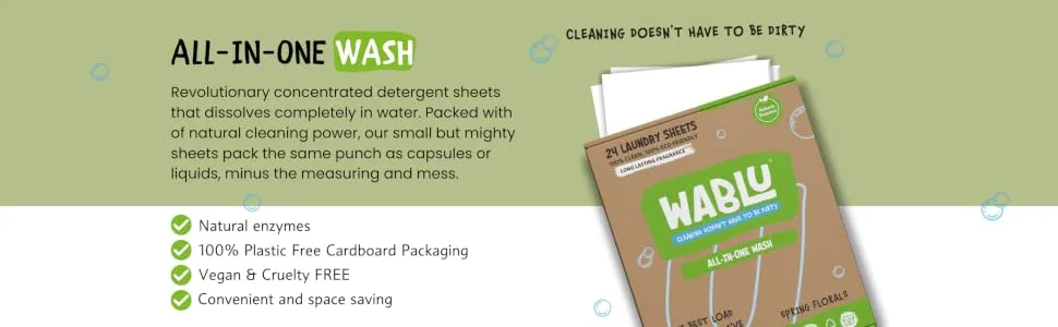 WABLU Spring Florals Laundry Detergent Sheets with natural enzymes (BIO) | Plastic Free Biodegradable Washing Sheets |For all washing types | 24 Washes - WABLU laundry sheets all-in-one wash for natural cleaning