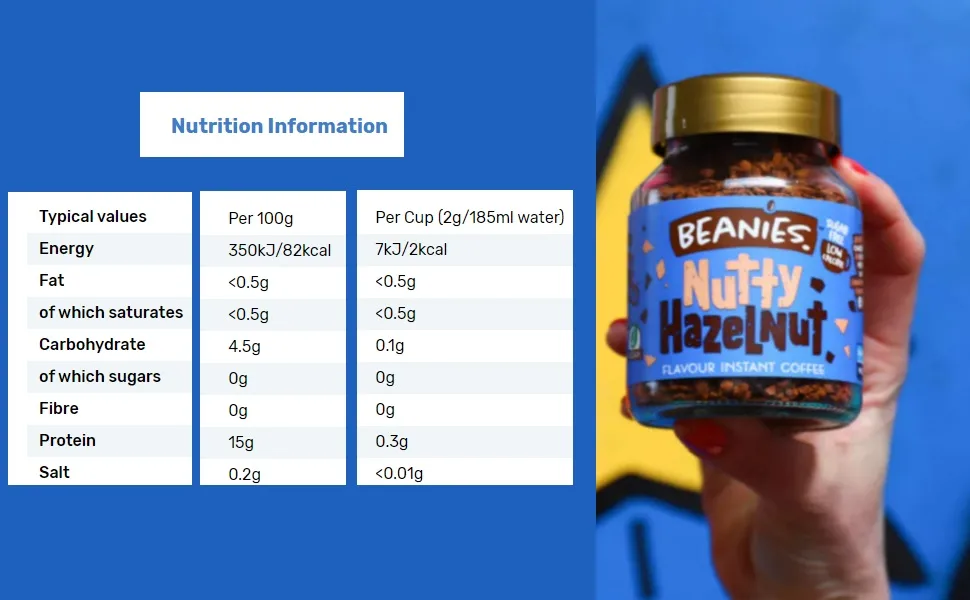 Beanies Nutty Hazelnut Flavoured Instant Coffee 50 gr ( Pack of 1) Coffee Hazelnut 50 g (Pack of 1) - Nutrition information