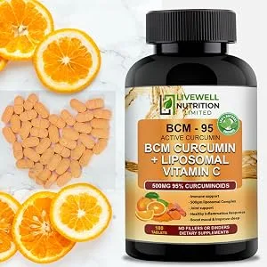 BCM - 95 Active Curcumin + Liposomal Vitamin C with Bioflavonoids Zinc and BioPerine Advanced Formula 180 Tablets 1000mg (Raw Curcumin Extract with Turmeric rhizome suitable for vegans - fffddf