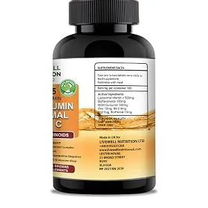 BCM - 95 Active Curcumin + Liposomal Vitamin C with Bioflavonoids Zinc and BioPerine Advanced Formula 180 Tablets 1000mg (Raw Curcumin Extract with Turmeric rhizome suitable for vegans - Longa