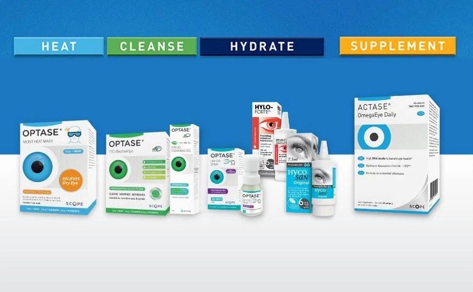 Actase OmegaEye Daily (Formerly Optase Omega Vision) - High DHA Omega-3 Eye Care Supplement to Help Maintain Healthy Vision - 60 Softgels - Image of product range featuring the heat, cleanse, hydrate and supplement regime