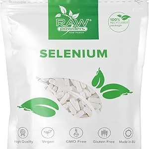 Selenium 200 mcg 60 Capsules High Strength Selenium Vegan Supplement Selenium Supplements Acts as Powerful Antioxidant - Thyroid Function Immune System Hair and Nails Support by Raw Powders - Selenium Capsules