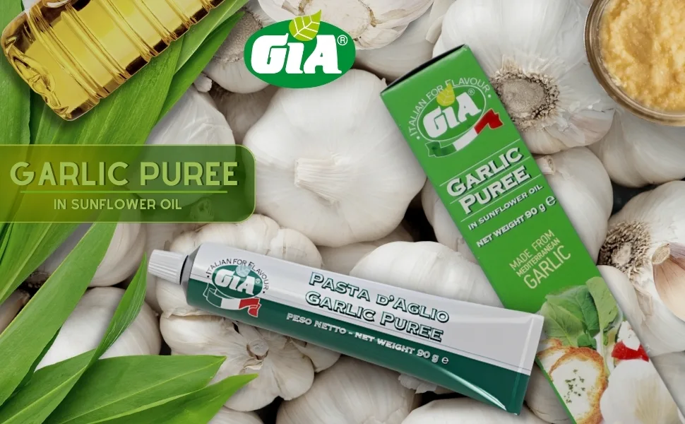 Garlic Puree Bundle with 3X Gia Garlic Puree in Sunflower Oil 90g - garlic puree paste; garlic puree tube; garlic paste; garlic; tomato puree; ginger paste