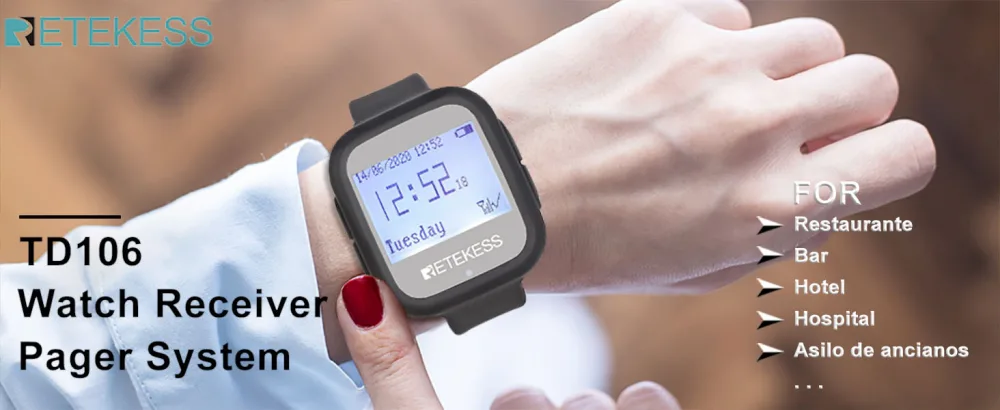 Retekess TD106 Restaurant Pager Wireless Calling System Waterproof Watch Receiver Compatible with 500 Calls Button for Hospital Restaurant Hotel Bar - Wireless Pager System