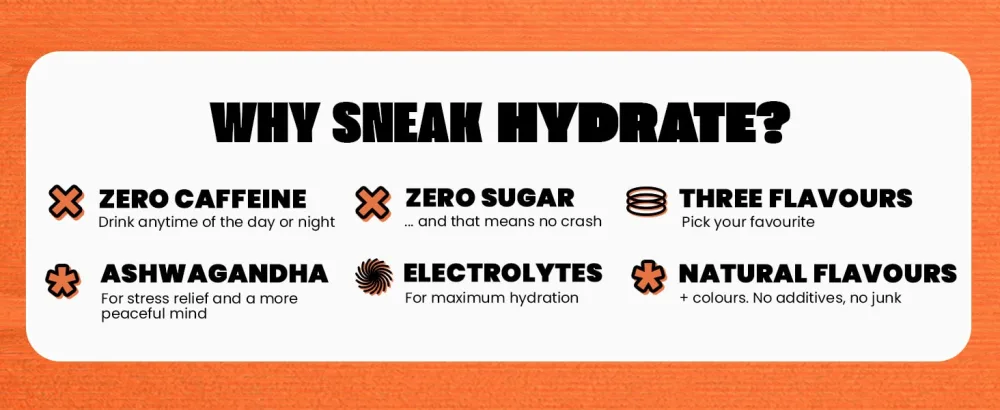 SNEAK | Electric Mango Hydrate Edition | Zero Caffeine Zero Sugar Natural Flavours & Colours Ashwagandha KSM-66 Coconut Water | 30 Servings - product information 3