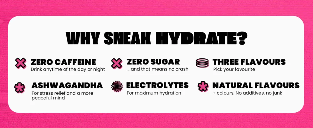 SNEAK | Raspberry Lemonade Hydrate Edition | Zero Caffeine Zero Sugar Natural Flavours & Colours Ashwagandha KSM-66 Coconut Water | 30 Servings - product information 3