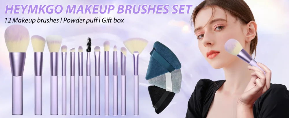 Makeup Brushes HEYMKGO 12pcs Professional Brushes Set Foundation Blending Powder Blush Concealers Eyeshadow Eyeliner Make Up Brush Kits Transparent Handle with a Triangle Puff Purple - makeup brushes