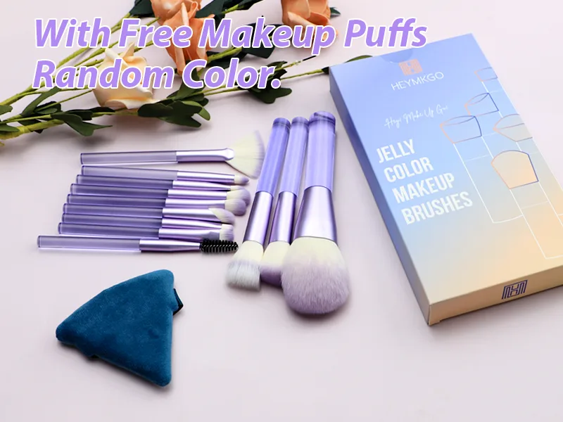 Makeup Brushes HEYMKGO 12pcs Professional Brushes Set Foundation Blending Powder Blush Concealers Eyeshadow Eyeliner Make Up Brush Kits Transparent Handle with a Triangle Puff Purple - makeup set
