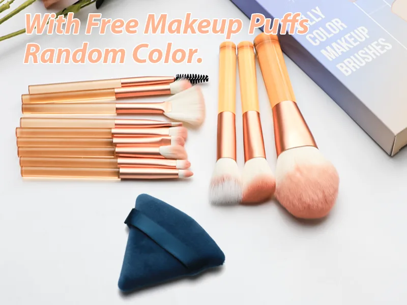 Makeup Brushes HEYMKGO 12pcs Professional Brushes Set Foundation Blending Powder Blush Concealers Eyeshadow Eyeliner Make Up Brush Kits Transparent Handle with a Triangle Puff Orange - make up brush set