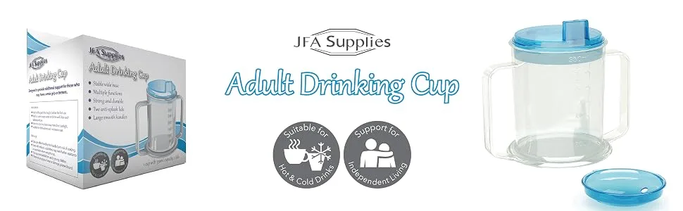 Drinking Cup/Beaker/Mug/Sippy Cup for Disabled Adults with Easy Grip Handles Anti Splash Spout and Travel Lid - JFA Supplies Adult Drinking Cup