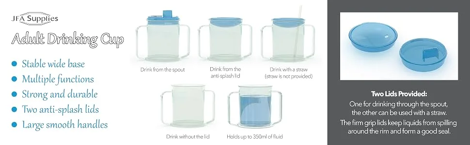 Drinking Cup/Beaker/Mug/Sippy Cup for Disabled Adults with Easy Grip Handles Anti Splash Spout and Travel Lid - Multiple functions