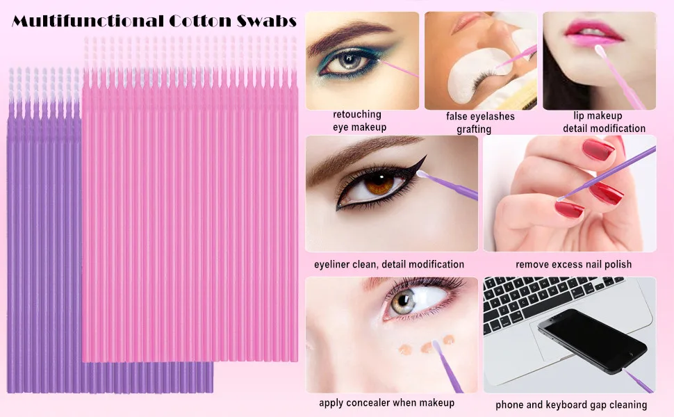 KELYDI 200pcs Micro Applicators Brushes Disposable Eyelash Applicator Extension Swabs Micro Mascara Wands Brush for Eye Makeup -Pink and Purple - micro brushes eyelashes
