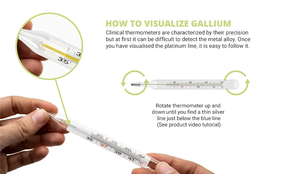 SOLMIRA Thermometer Mercury Free Glass High Accuracy Waterproof Suitable for Babies Children and Adults - Gallium