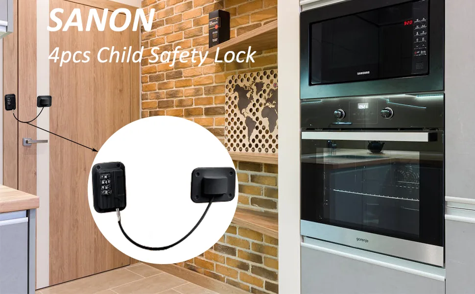 SANON 4pcs Window Locks Child Safety 4-Digit Cable Lock Adhesive Child Safety Lock for Cabinets Drawers Windows Window Restrictor - product information 1