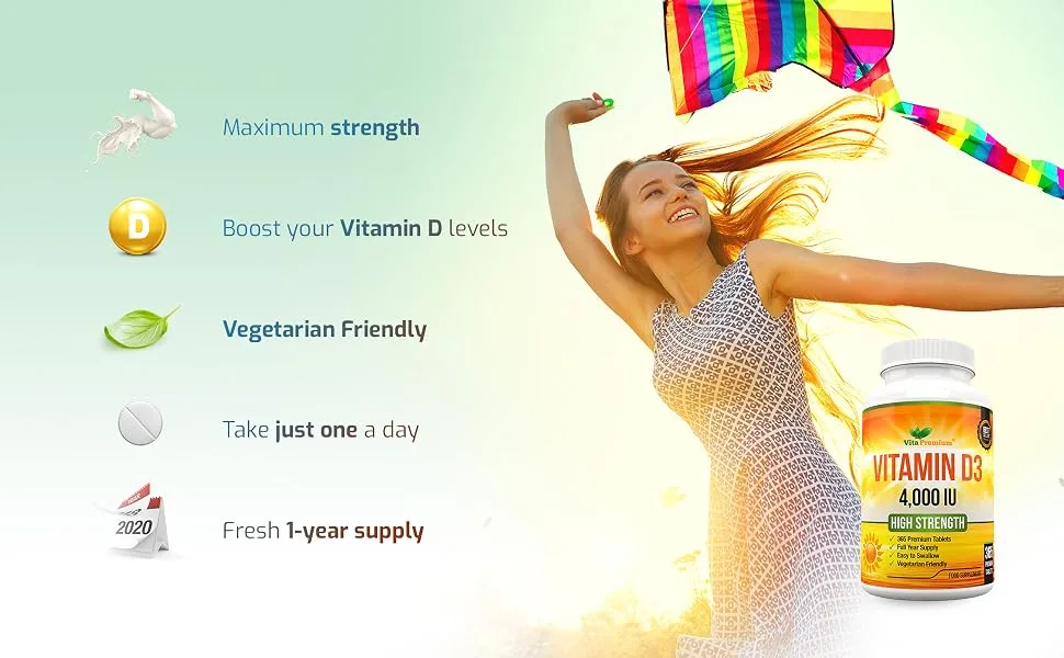 Vitamin D 4 000 IU Tablets Maximum Strength Vitamin D3 Supplement 365 Easy to Swallow Tablets - Full Year Supply 4 000 IU Vitamin D - vegetarian vitamin D vitamin D3