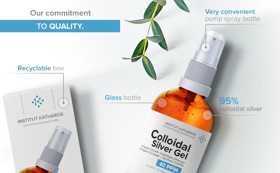 Institut Katharos Pure Colloidal Silver Gel 40 PPM 100% Natural and only 3 Ingredients Optimal Texture and Absorption (Better Than Creams) Amber Glass and Ultra-Practical Pump - Colloidal silver gel 40 ppm 1