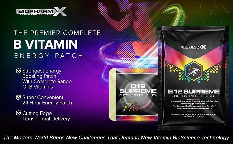Vitamin B12 1200mcg Supreme Energy Patch + Vitamins B1 B2 B3 B5 B6 B7 B8 B9 (1 Month Supply / 30 Patches) Premium Grade & High Strength B Complex Vitamin Patch - vitamin b12
