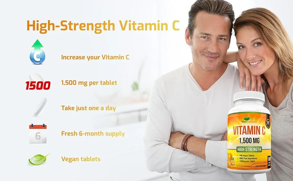 Vitamin C 1500mg per Tablet High Strength 180 Vegan Tablets Food Supplement 6 Month Supply - Made in UK - Vitamin C 1000mg