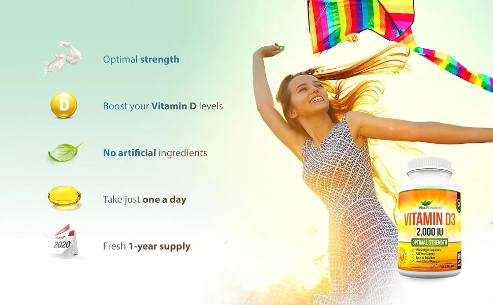 Vitamin D 2 000 IU Optimal Strength Vitamin D3 Supplement 365 Easy to Swallow Softgels - Full Year Supply 2 000 IU Vitamin D - optimal strength vitamin D3 2000 iu 2,000 iu