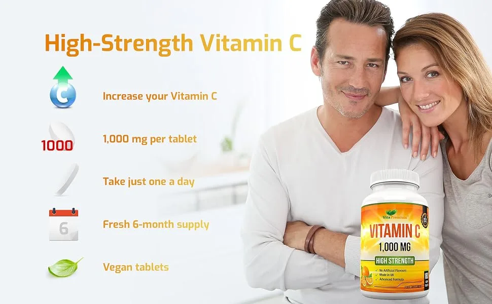 Vitamin C 1000mg per Tablet High Strength 180 Vegan Tablets 6 Month Supply - Made in UK - vitamin C 1000 mg