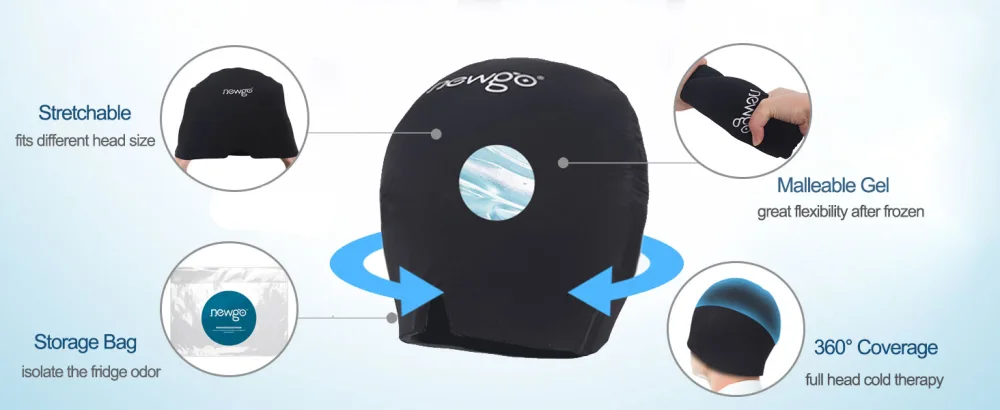 NEWGO Migraine Relief Cap Full Coverage Headache Hat for Migraine Cold Therapy Ice Head Wrap for Puffy Eyes Tension Sinus and Stress Relief Form Fitting & Stretchable (Black) - ice cap