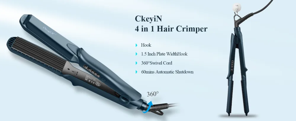 Hair Crimper CkeyiN Professional Crimping Iron and Straighter with 4 Interchangeable Ceramic Plates for Fluffy Hairstyle Corn Perm Waves Straight Heat Resistant Glove 4 Adjustable Temperatures Green - Crimping Iron