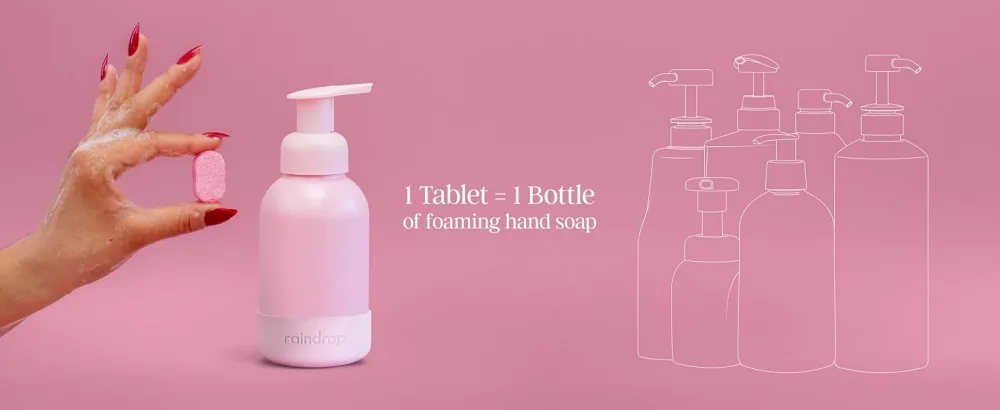 Raindrop Sustainable Hand Soap Refills 4x Plastic-Free Foaming Hand Soap Refills Lychee and Rose - 1 tablet = 1 bottle